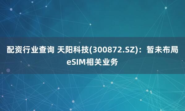 配资行业查询 天阳科技(300872.SZ)：暂未布局eSIM相关业务